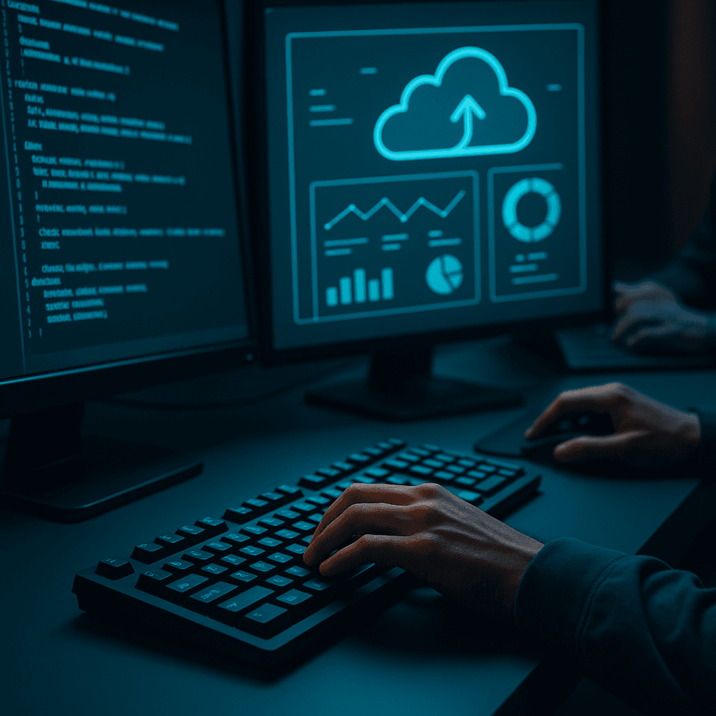 Blue illuminated growth loops and dashboards